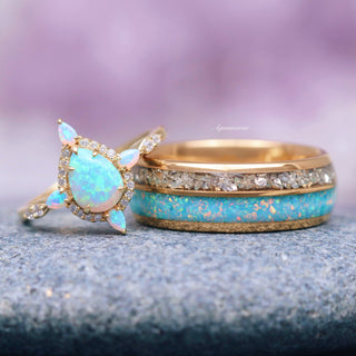 Blue Fire Opal & Crushed Diamond Couples Ring Set