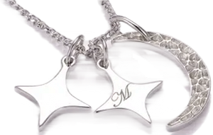 Silver star and crescent moon necklace charms, one star engraved with a script initial – complimentary engraving by Aquamarise