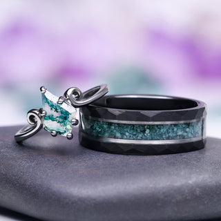 Green Moss Agate Twirl Couples Ring Set