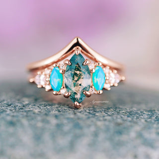 Emerie Marquise Cut Moss Agate & Opalescent Sapphire Ring Set in 14K Rose Gold Vermeil