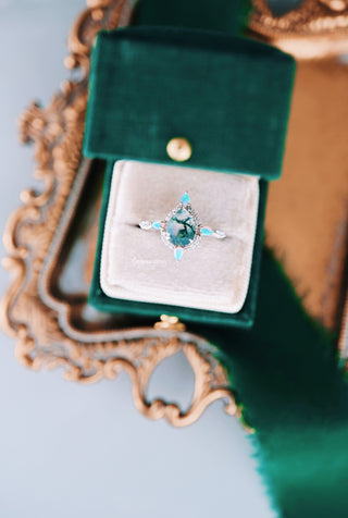Green Moss Agate & Fire Opal Engagement Ring- 14K White Gold