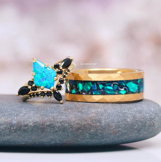 Skye Kite® Blue Fire Opal, Meteorite & Starry Night Couples Ring Set
