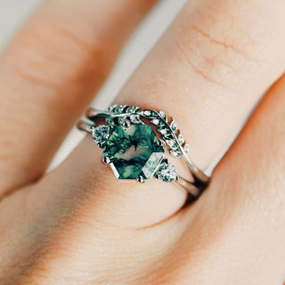 Hexagon Moss Agate Fairy Ring Set in Sterling Silver