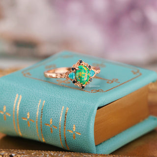 Green Fire Opal Leaf Engagement Ring in 14K Rose Gold Vermeil