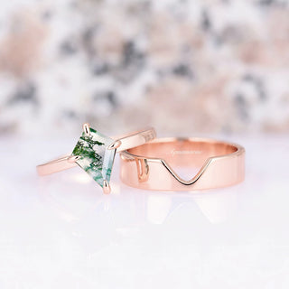 Minimalist Kite Cut Green Moss Agate Ring in 14K Rose Gold Vermeil