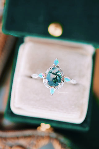 Green Moss Agate & Fire Opal Engagement Ring- 14K White Gold