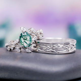 Moss Agate Leaf Couples Ring Set