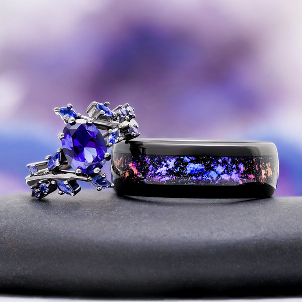 Cornflower Blue Sapphire Leaf Engagement Ring in Black Ruthenium – side profile view