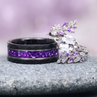 Simulated Diamond & Amethyst Leaf Couples Ring Set