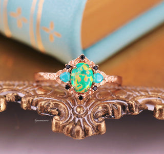 Green Fire Opal Leaf Engagement Ring in 14K Rose Gold Vermeil