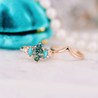 Emerie Marquise Cut Moss Agate & Opalescent Sapphire Ring Set in 14K Rose Gold Vermeil