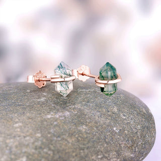 Raw Green Moss Agate Stud Earrings in 14K Rose Gold Vermeil