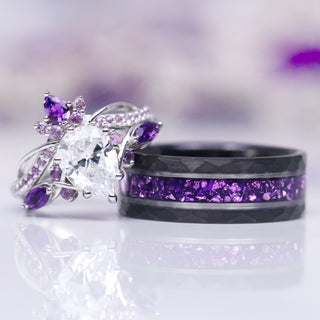 Feyra Amethyst & Diamond (cz) Leaf Couples Ring Set