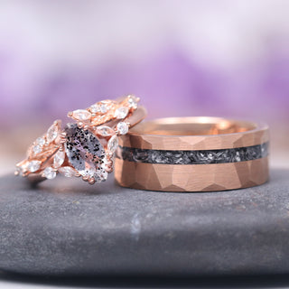 Galaxy Salt and Pepper (Herkimer) Diamond & Meteorite Couples Ring Set