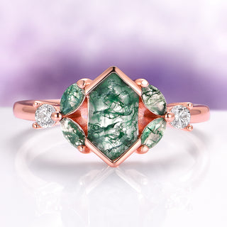 Hexagon Green Moss Agate Leaf Ring in 14K Rose Gold Vermeil