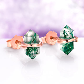 Raw Green Moss Agate Stud Earrings in 14K Rose Gold Vermeil