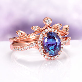 Alexandrite Leaf Ring Set in 14K Rose Gold Vermeil