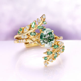 Green Moss Agate & Emerald Leaf Engagement Ring Set in 14K Solid Yellow Gold
