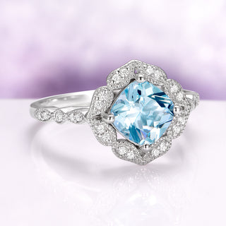 Luxe Cushion Cut Vintage Aquamarine Ring in Sterling Silver