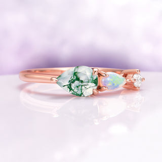 Green Moss Agate & Natural Australian Opal Ring in 14K Rose Gold Vermeil