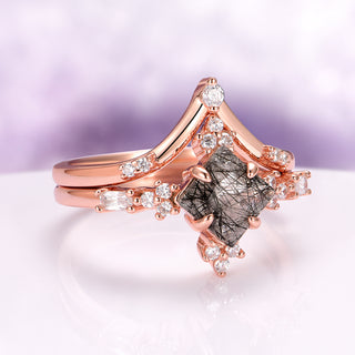 Princess Cut Rutilated Quartz Engagement Ring Set in 14K Solid Rose Gold