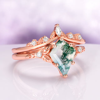 Kite Green Moss Agate Leaf Ring Set in 14K Rose Gold Vermeil