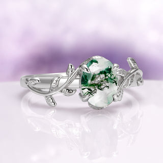 Natural Green Moss Agate Leaf Engagement Ring in 14K White Gold