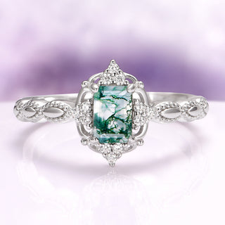 Claire Vintage Green Moss Agate Engagement Ring in Sterling Silver