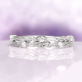 Leaf Diamond Wedding Band in 14K White Gold