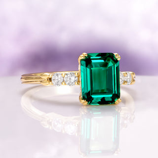 Emerald Engagement Ring in 14K Solid Yellow Gold (Hidden Halo)