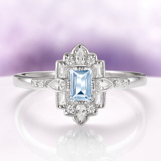 Art Deco Mosaic Aquamarine Engagement Ring in 14K White Gold