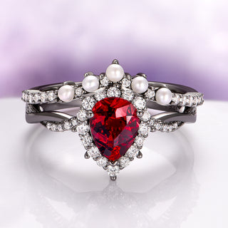 Briar Natural Red Garnet & Pearl Ring Set in Black Ruthenium
