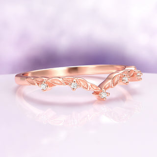 Filigree Leaf Diamond Wedding Band in 14K Solid Rose Gold