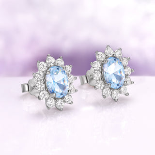Diana Halo Oval Aquamarine Stud Earrings in Sterling Silver