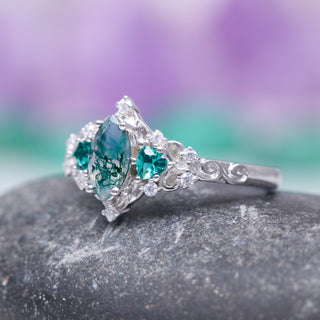 Elain Moss Agate & Teal Sapphire Leaf Ring- 14K White Gold