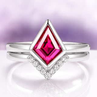 Minimalist Kite Cut Bezel Lab-Grown Ruby Ring Set in Sterling Silver