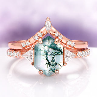 Hexagon Cut Green Moss Agate Engagement Ring Set in 14K Solid Rose Gold