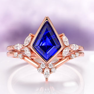 Kite Blue Sapphire Bezel Engagement Ring Set in 14K Solid Rose Gold