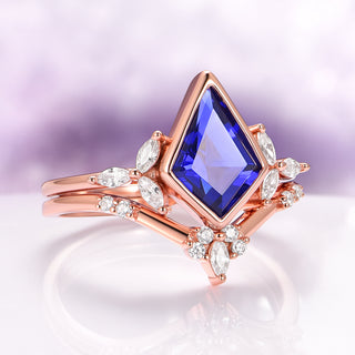 Kite Blue Sapphire Bezel Engagement Ring Set in 14K Solid Rose Gold