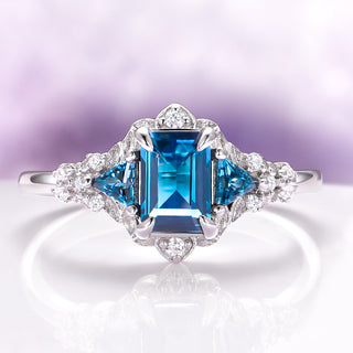 Emerald Cut London Blue Topaz Leaf Engagement Ring in 14K White Gold