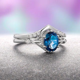 Celtic Natural London Blue Topaz Ring Set- Sterling Silver