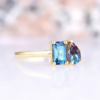 Toi Et Moi London Blue Topaz & Alexandrite Ring- 14K Solid Yellow Gold