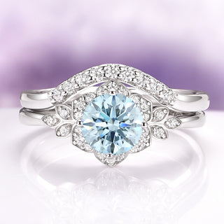 Jasmine Round Cut Aquamarine Flower Ring Set in Sterling Silver