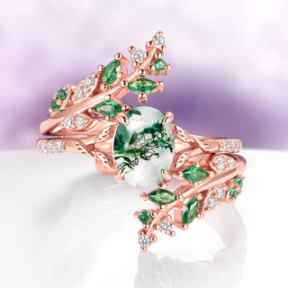 Moss Agate & Emerald Fairy Leaf Ring in 14K Rose Gold Vermeil