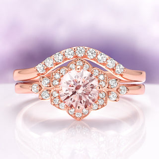 Jasmine Round Cut Natural Morganite Engagement Ring Set in 14K Solid Rose Gold
