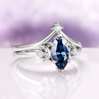 Midnight Blue Moissanite Crescent Moon Engagement Ring Set in Sterling Silver