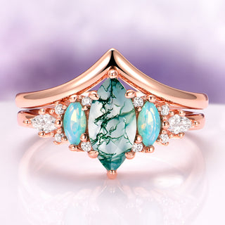 Emerie Marquise Cut Moss Agate & Opalescent Sapphire Ring Set in 14K Rose Gold Vermeil