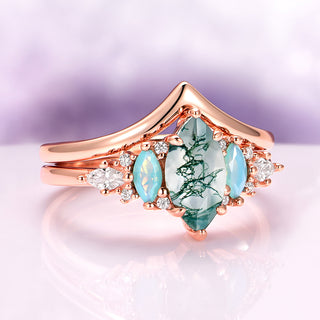 Emerie Marquise Cut Moss Agate & Opalescent Sapphire Ring Set in 14K Rose Gold Vermeil