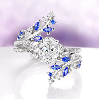 Lab-Grown Diamond & Blue Sapphire Leaf Engagement Ring Set in 14K White Gold (IGI Certified)