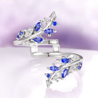 Blue Sapphire & Moissanite Leaf Ring Guard in 14K White Gold